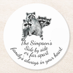 Family Always in Your Heart Quote Cute Raccoons Round Paper Coaster