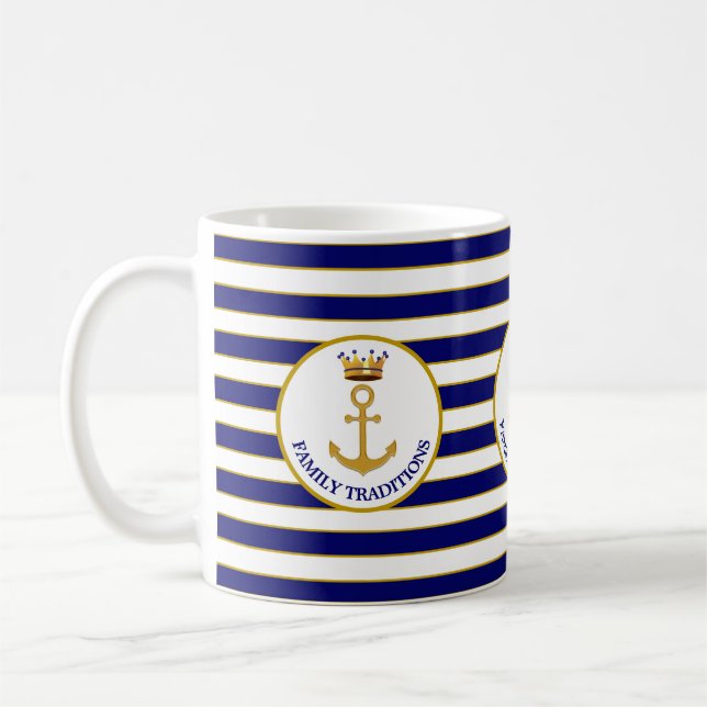 Family Anchor and Crown on Blue & White Striped Coffee Mug (Left)