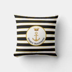 Family Anchor & Crown on Black & White Striped Cushion