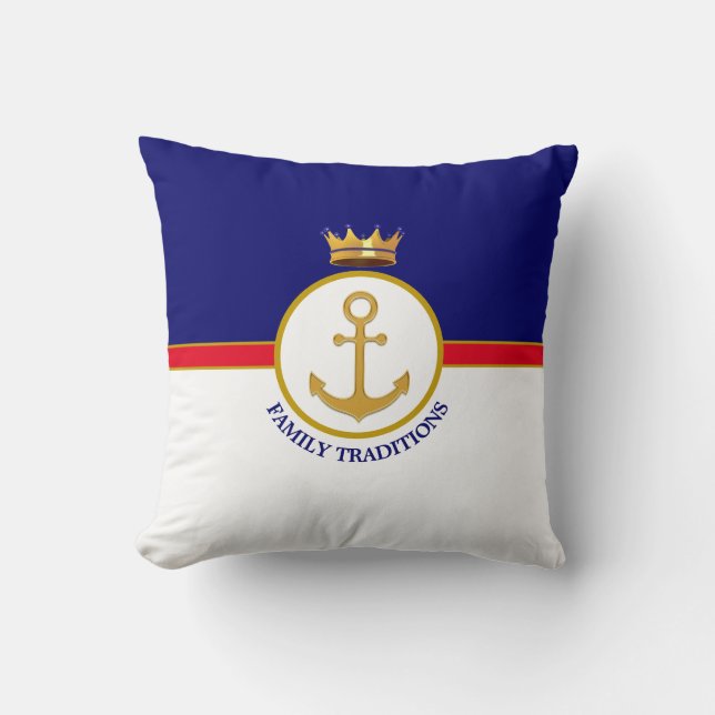 Family Anchor & Crown on Navy Blue & White Cushion (Front)