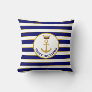 Family Anchor & Crown on Navy Blue & White Striped Cushion