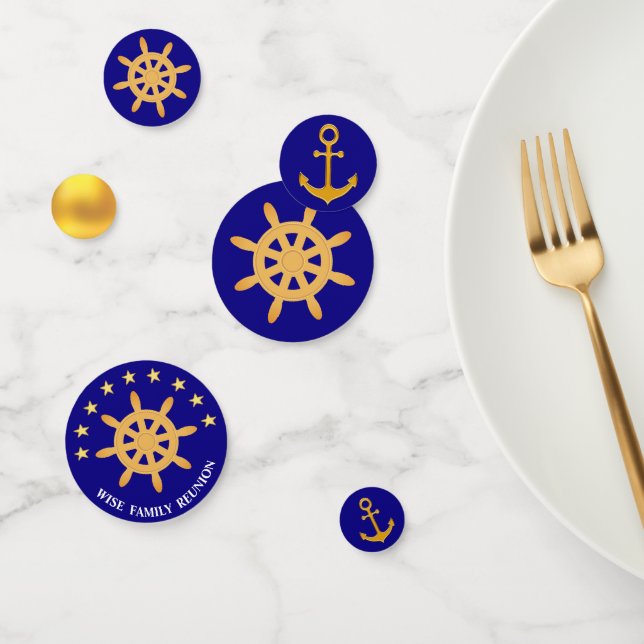 Family anchor & ship wheel on royal blue & golden confetti (Group)