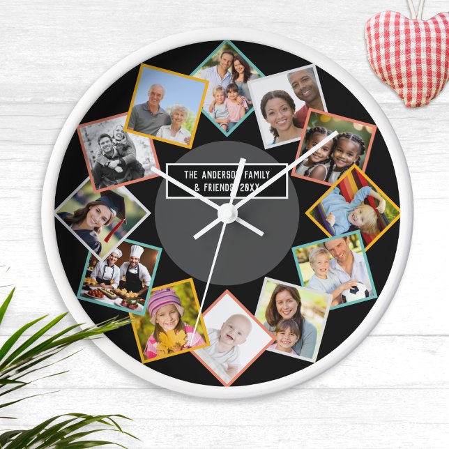 Family and Friends Collage Multi Photo Gallery Clock (A wall clock to personalize with 12 of your own photos of family and friends as a stylish keepsake)