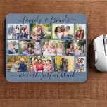 Family and Friends Quote 12 Photo Collage Blue Mouse Pad<br><div class="desc">Create your own photo collage mousepad with family quote in elegant script typography. The photo template is set up for you to add 12 of your favourite pictures, which are displayed in a modern masonry grid of landscape and portrait photos. The saying reads "family & friends make the perfect blend"...</div>