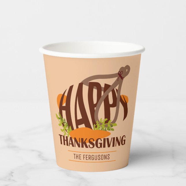 Family Artistic Thanksgiving Turkey Brown & Orange Paper Cups (Front)