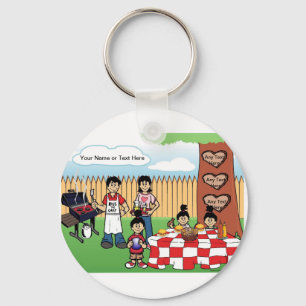 Family BBQ, 3 Girls Cartoon by PrintedPerfection Key Ring