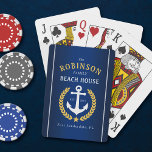 Family Beach House Anchor Gold Laurel Navy Blue Playing Cards<br><div class="desc">A Personalised nautical themed deck of playing cards with your family name, beach house (or lake house cabin etc), established date and location or other text as desired. Easily customisable. Features include a custom designed boat anchor with gold style laurel leaves and star with rope stripes. Colours are gold and...</div>