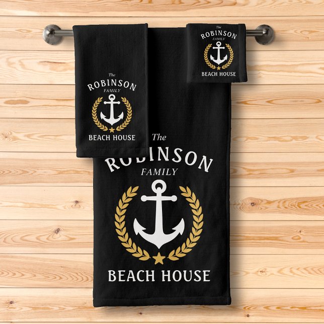 Family Beach House Anchor Gold Laurel Star Black Bath Towel Set (Creator Uploaded)