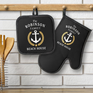 Family Beach House Anchor Gold Laurel Star Black Oven Mitt & Pot Holder Set
