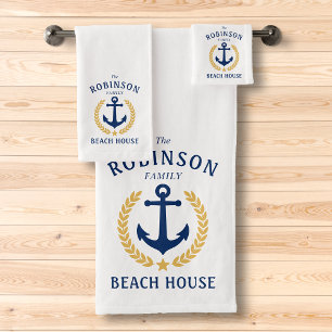 Family Beach House Anchor Gold Laurel Star White Bath Towel Set