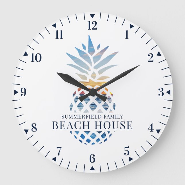 Family Beach House Custom Tropical Pineapple Large Clock (Front)