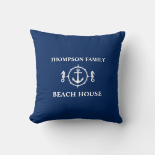 Family Beach House Seahorse Anchor Navy Blue White Cushion