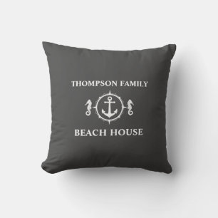 Family Beach House Seahorse Nautical Anchor Gray Cushion