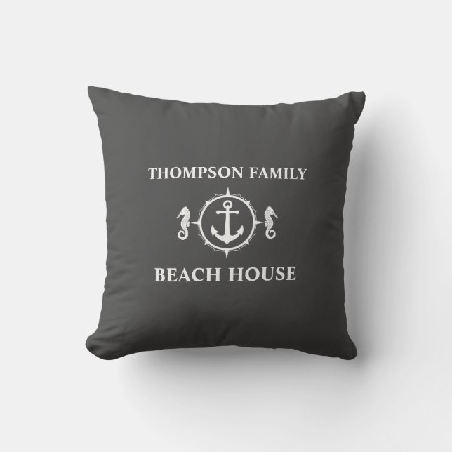 Family Beach House Seahorse Nautical Anchor Grey Cushion (Front)