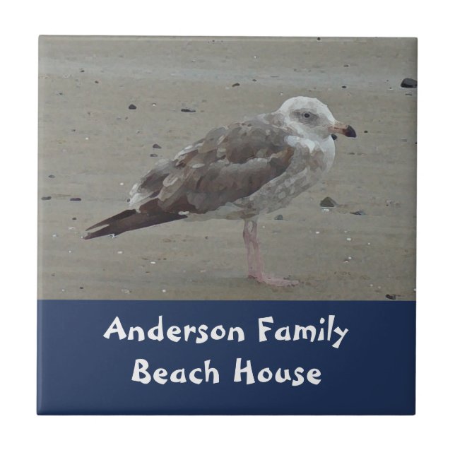 Family Beach House Welcome Artistic Animal Seagull Ceramic Tile (Front)