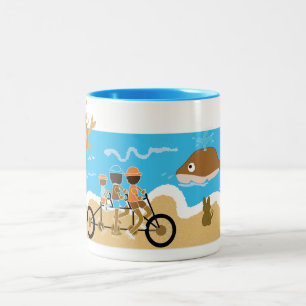 family biking at the beach seeing the whale Two-Tone coffee mug