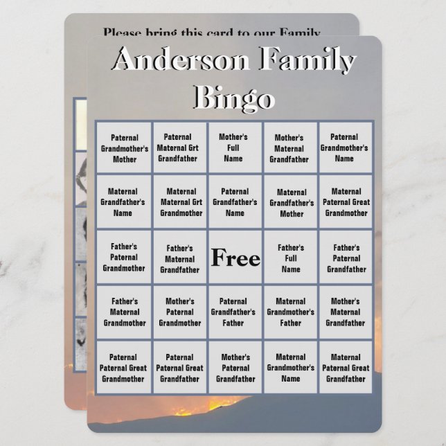 Family Bingo Card Orange Sunset and Mountain Photo (Front/Back)