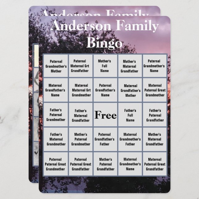 Family Bingo Card With Pink Purple Sunset Photo (Front/Back)