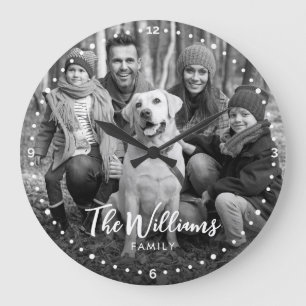 Family Black and White Photo with Modern Script Large Clock