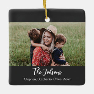 Family Black White Script Photo Ceramic Ornament