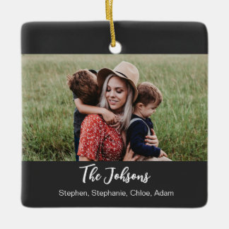 Family Black White Script Photo Ceramic Ornament