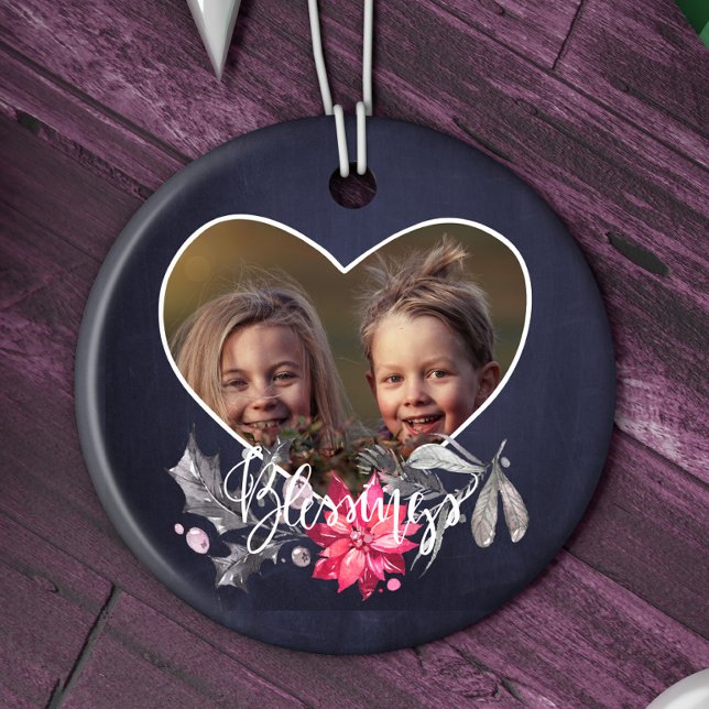 Family blessings cute heart shape photo ceramic ornament (Creator Uploaded)
