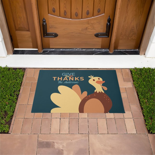 Family Blue & Brown Give Thanks Quote Turkey Fall Doormat (Outdoor)