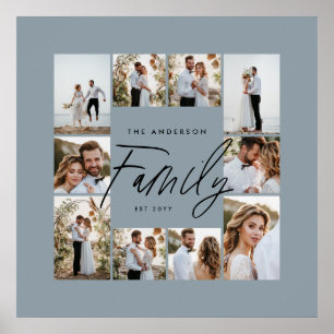 Family blue elegant modern minimal photo collage poster