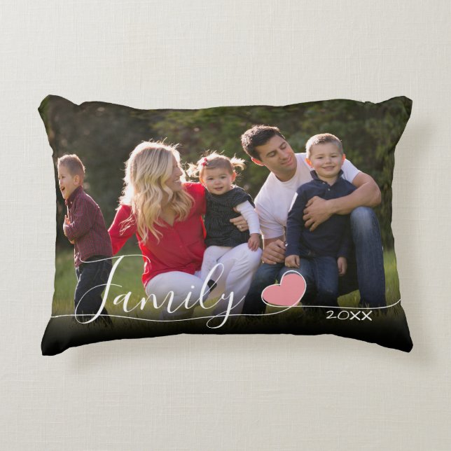 Family Blush Heart Calligraphy Horizontal Photo Decorative Cushion (Front)