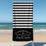 Family Boat Nautical Anchor Personalised Black Beach Towel<br><div class="desc">Family Boat Nautical Anchor Personalised Black Beach Towel. This custom design features a nautical anchor design with stripes. Personalise with your own family name,  text and year.</div>