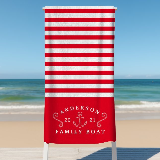 Family Boat Nautical Anchor Personalised Red Beach Towel (Creator Uploaded)