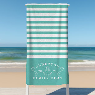 Family Boat Nautical Anchor Personalised Teal Beach Towel