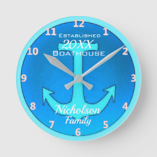 Family Boathouse Large Personalized in Blue Round Clock