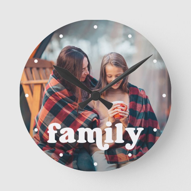 Family | Boho Text Overlay with your Photo Round Clock (Front)
