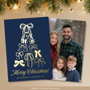 Family Bows Tree Blue Christmas Gold Foil Card