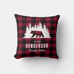 Family Cabin Bear Pine Red Plaid Cushion