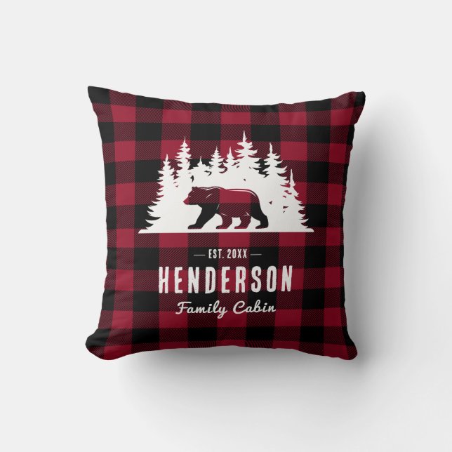Family Cabin Bear Pine Red Plaid  Cushion (Front)