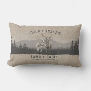 Family Cabin Deer Pine Tree Forest Burlap Style Lumbar Cushion