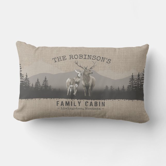 Family Cabin Deer Pine Tree Forest Burlap Style Lumbar Cushion (Front)