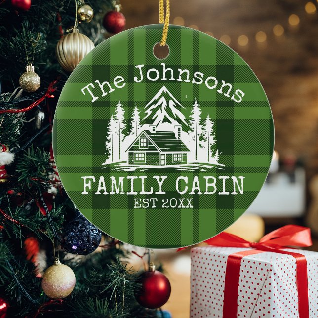 Family Cabin Green Plaid Themed Name Personalised Ceramic Ornament (Creator Uploaded)