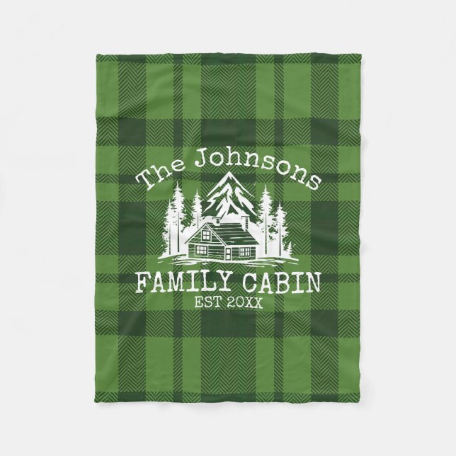 Family Cabin Green Plaid Themed Name Personalised Fleece Blanket (Front)