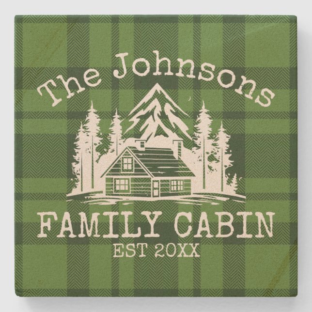 Family Cabin Green Plaid Themed Name Personalised Stone Coaster (Front)