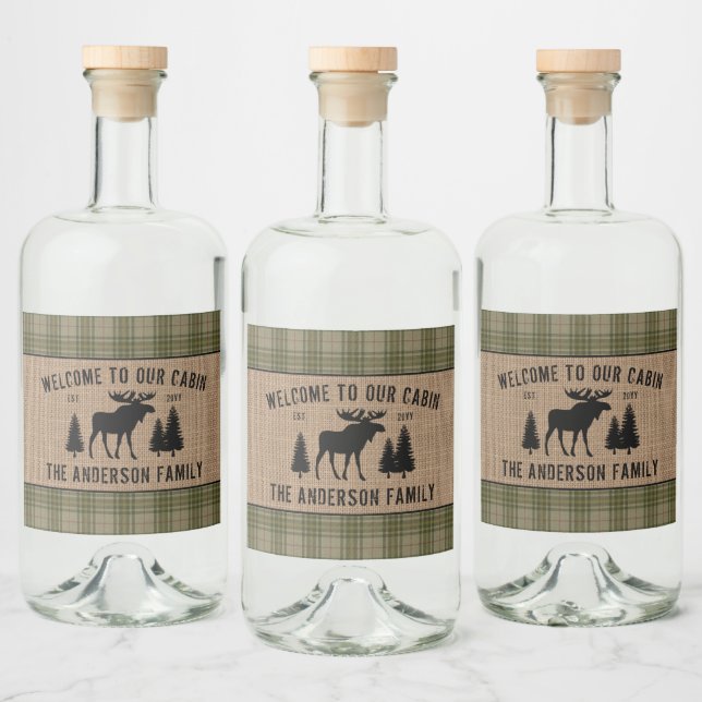 Family Cabin Moose Pine Green Plaid Burlap Labels (Bottles)