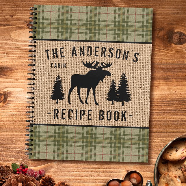 Family Cabin Moose Trees Plaid Burlap Recipe Notebook (Several sizes and page styles to choose from.)