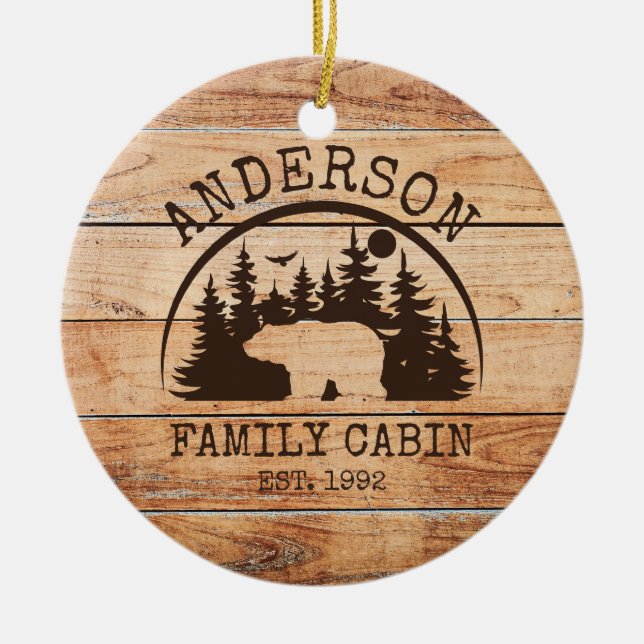  Family Cabin Name Personalised Rustic wooden Ceramic Ornament (Front)