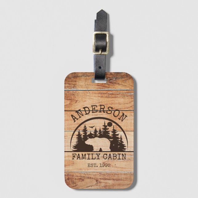  Family Cabin Name Personalised Rustic wooden Luggage Tag (Front Vertical)