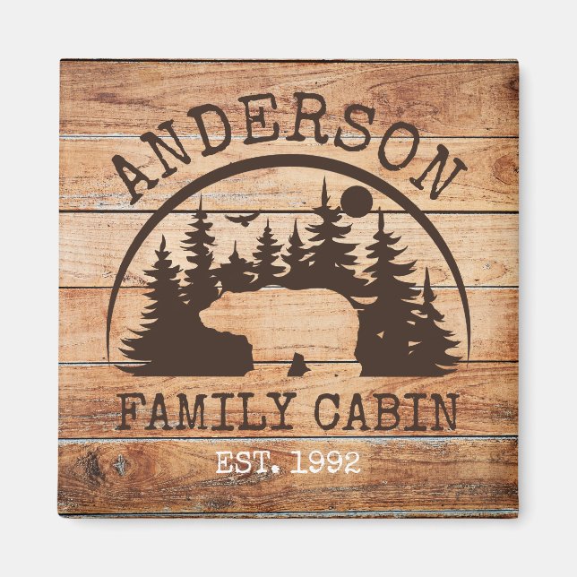  Family Cabin Name Personalised Rustic wooden Magnet (Front)