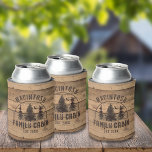 Family Cabin Name Rustic Wood Personalised Can Cooler<br><div class="desc">Create a personalised family cabin can cooler or coozie featuring a rustic, country wood plank design with forest pine trees and NAME FAMILY CABIN and year established date or other text in brown. ASSISTANCE: For help with design modification or personalisation, transferring the design to another product or if you would...</div>