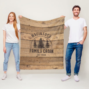 Family Cabin Name Rustic Wood Personalised Fleece Blanket