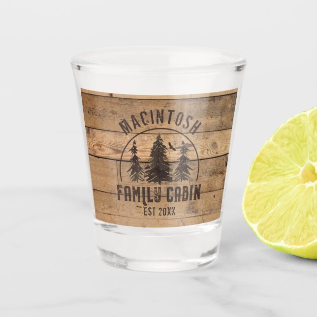 Family Cabin Name Rustic Wood Personalized Shot Glass (Front)